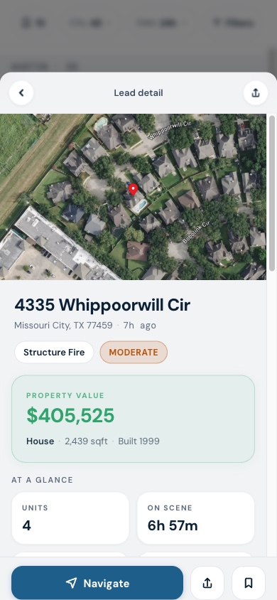 Ranger Alert lead detail with satellite view, appraised property value, size, year built, and units on scene