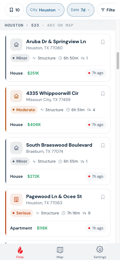 Ranger Alert iPhone app — live feed of verified Houston structure-fire leads with severity, property type, and appraised value