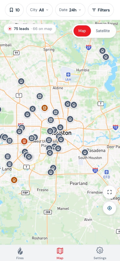 Ranger Alert live incident map showing active fire leads across the Houston metro